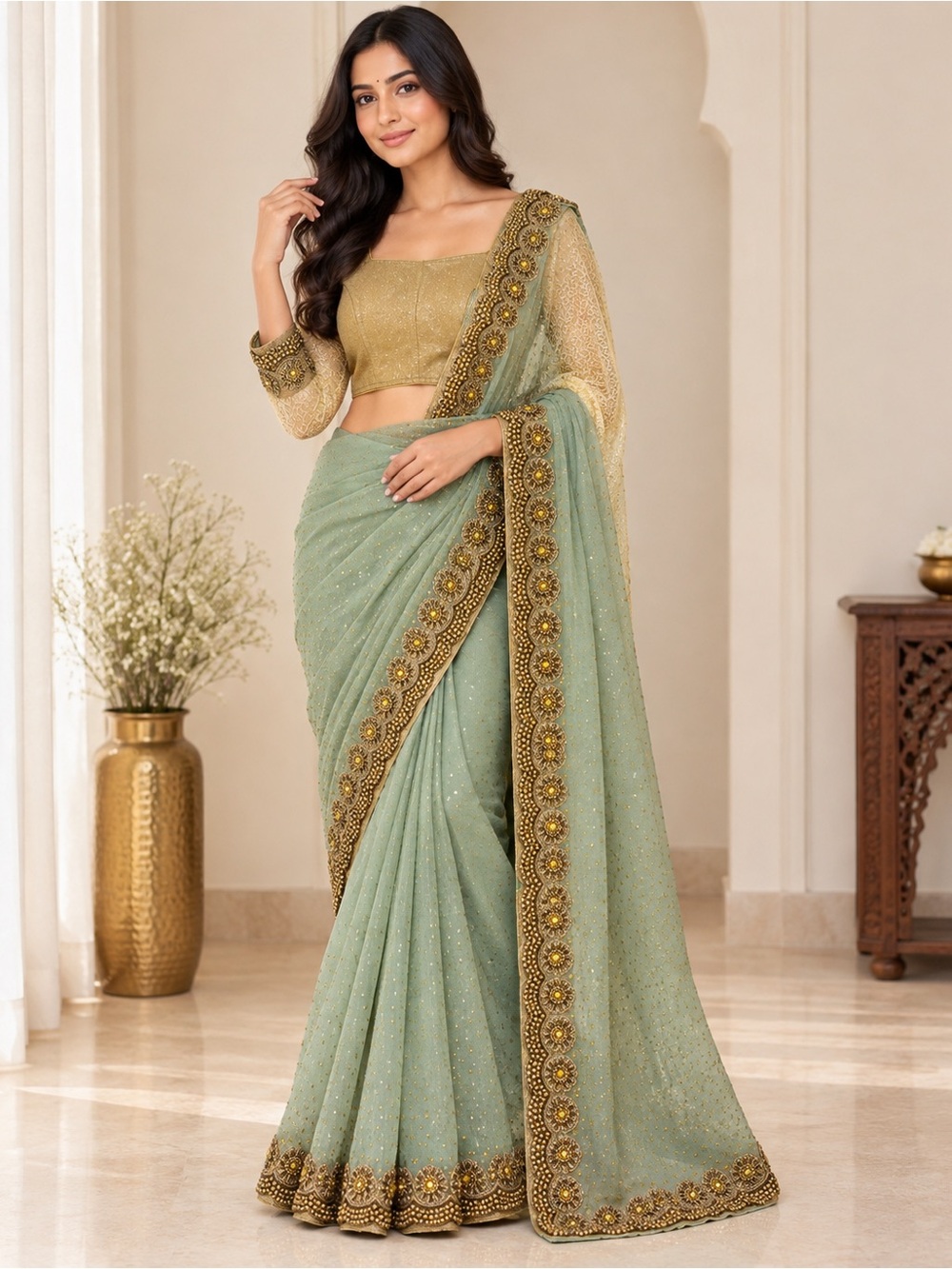 New Indian Saree Set Sage Green Gold Beaded Embellished Blouse Petticoat wedding